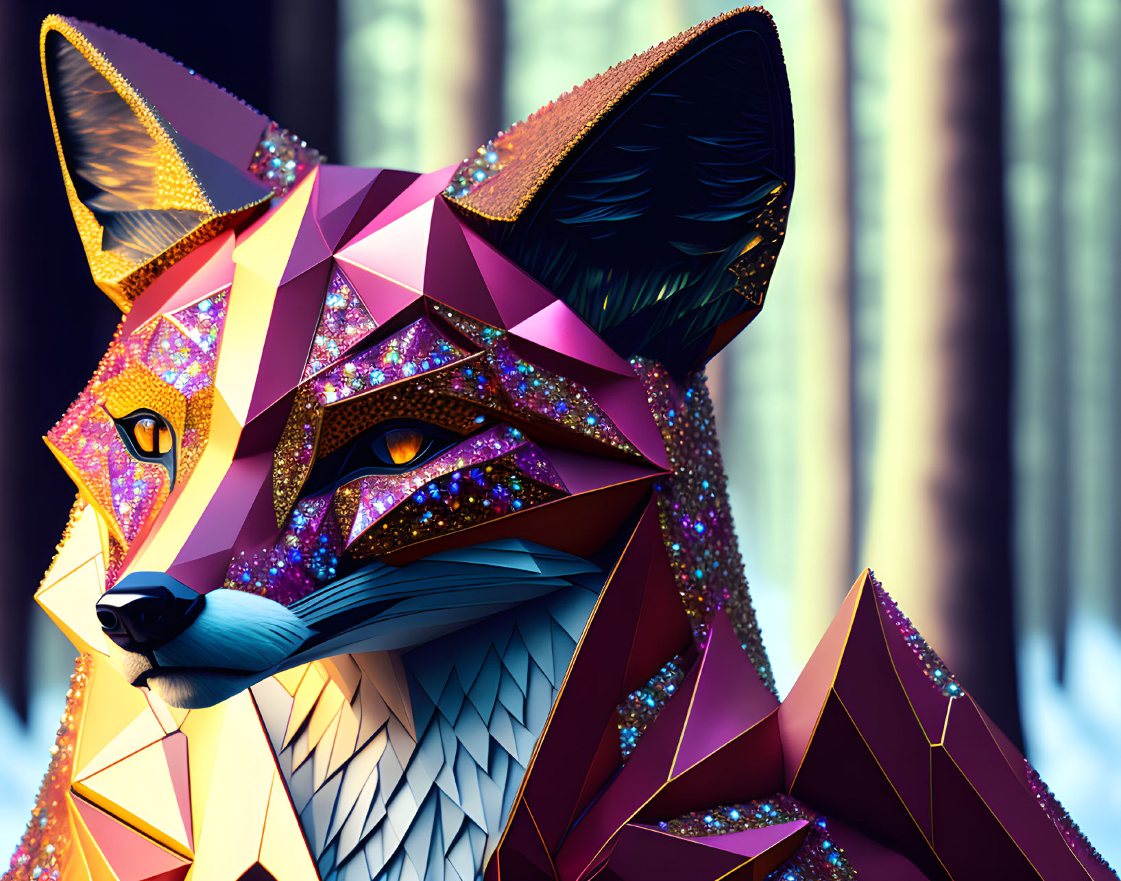 Vibrant geometric fox art with intricate patterns on blurred forest backdrop