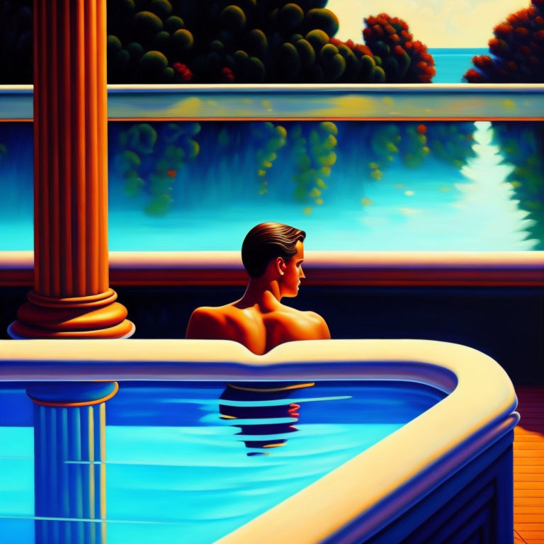 Serene outdoor pool scene with vibrant, stylized artwork