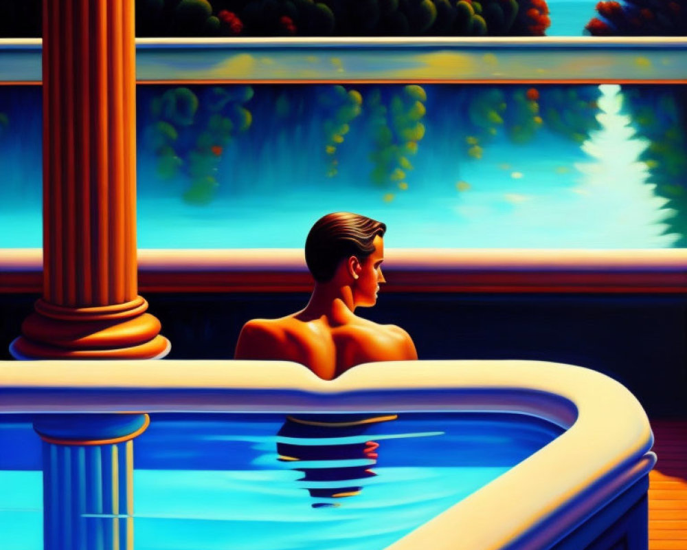 Serene outdoor pool scene with vibrant, stylized artwork