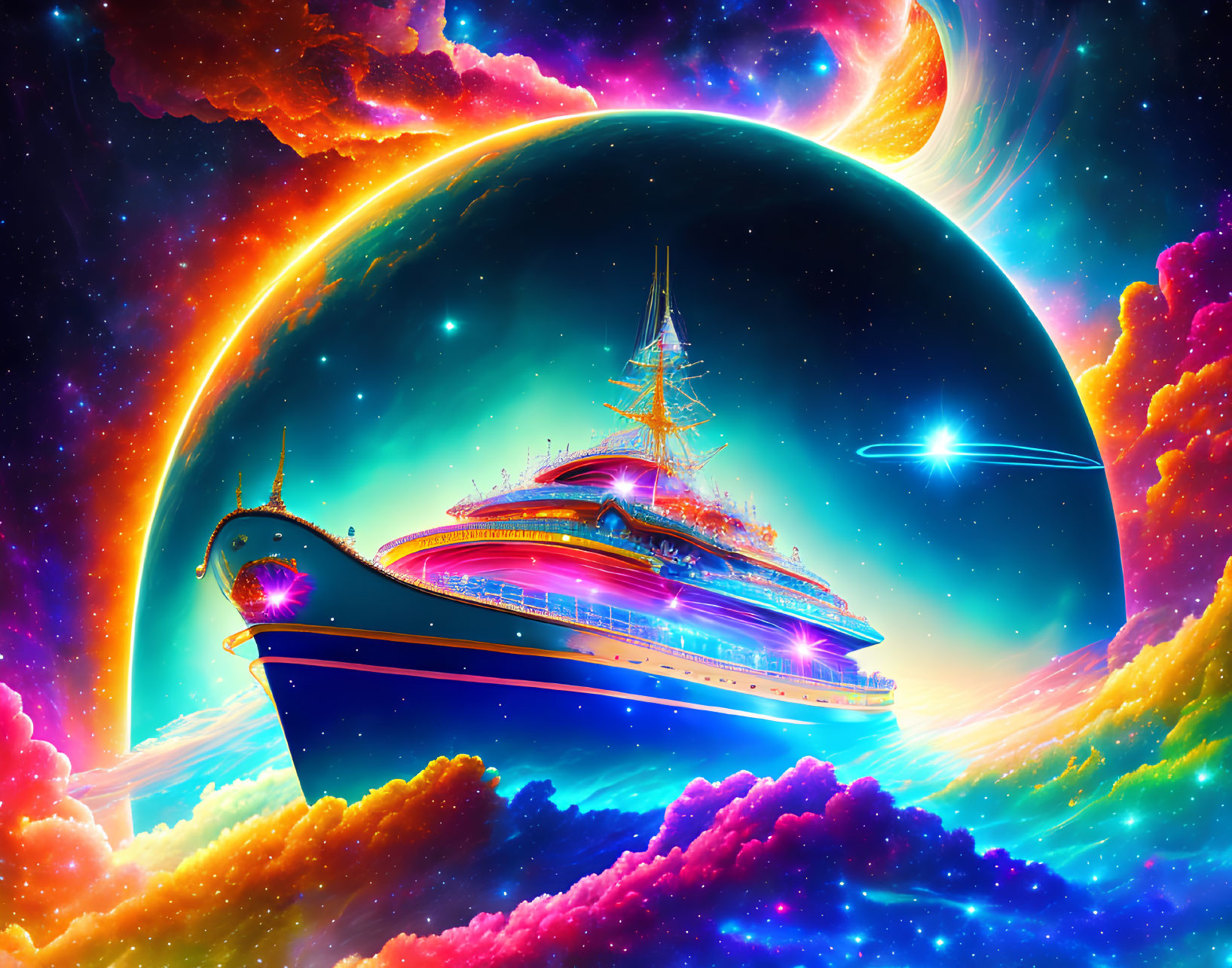 Colorful Cosmic Scene with Futuristic Ship and Nebulae