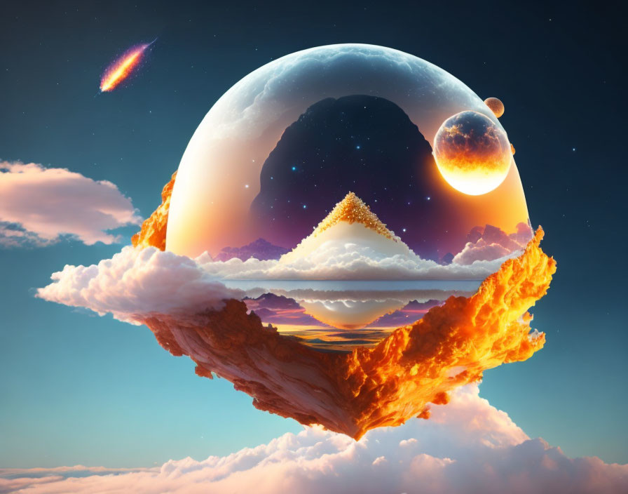 Surreal artwork: Clouds, pyramid, moon, planets, comet in starry sky