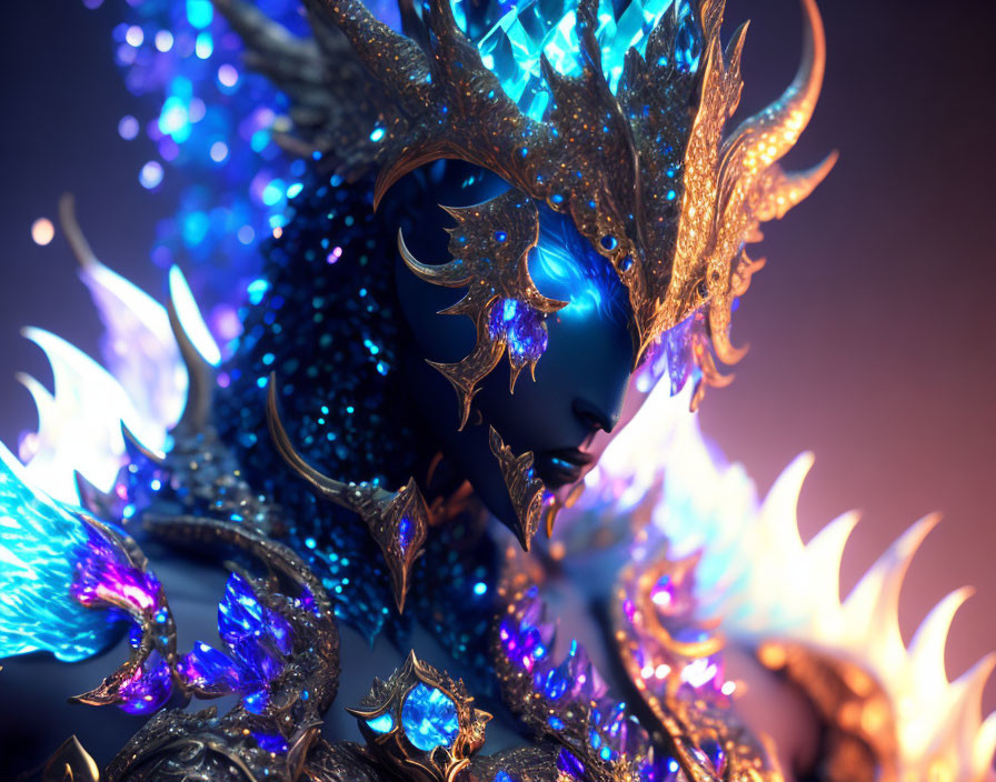 Fantasy-themed figure in blue and gold armor with glowing crystals