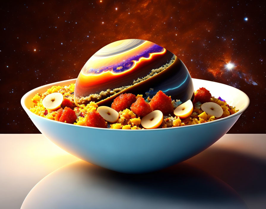 Surreal image: Jupiter-like planet halved in cereal bowl