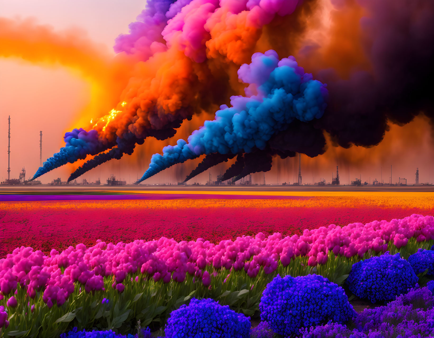 Colorful Tulip Field Contrasted with Industrial Fire Plumes