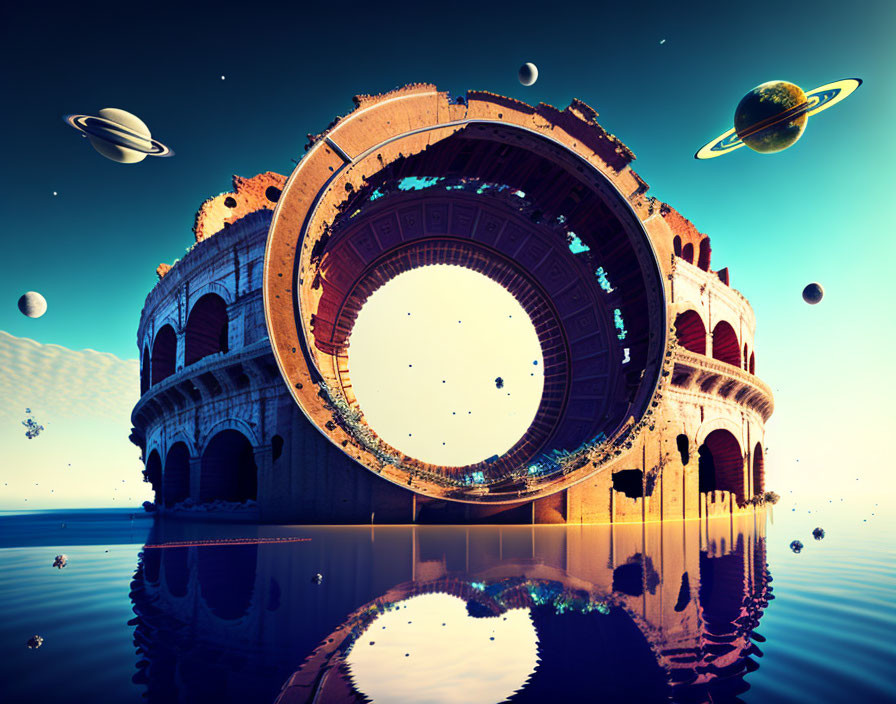 Futuristic Roman architecture with floating ring structure over water