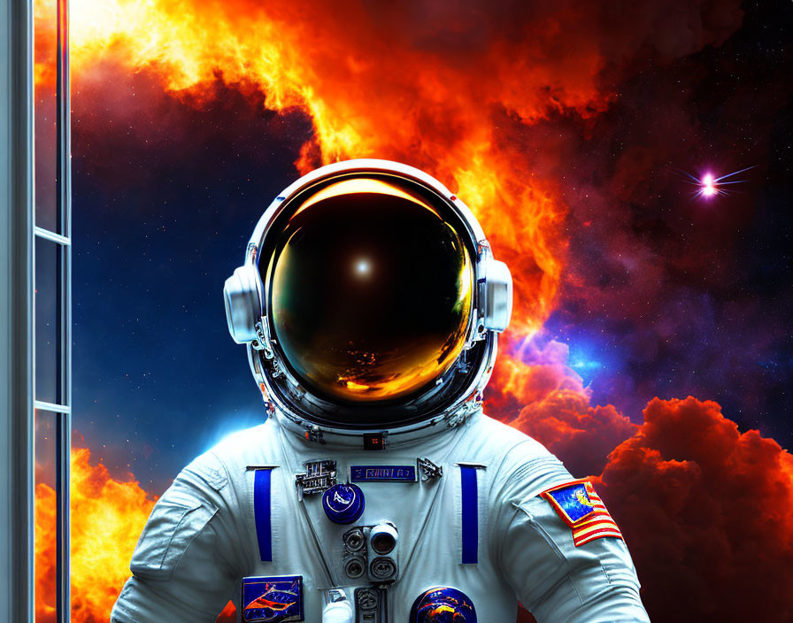 Astronaut in white space suit with reflective helmet visor amid orange and purple nebula clouds and