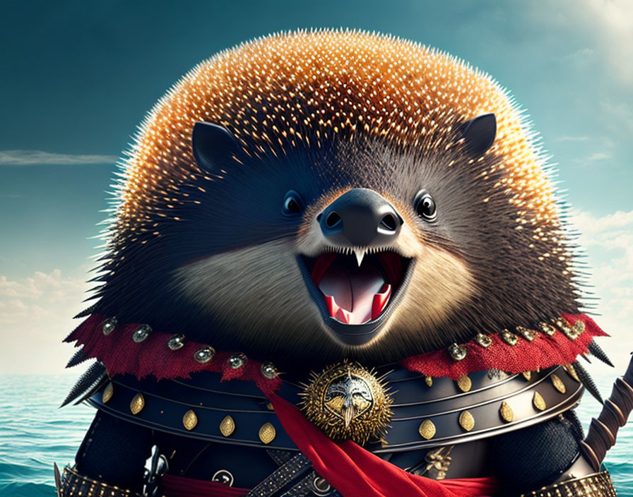 Smiling anthropomorphic hedgehog in samurai armor against sky-blue backdrop