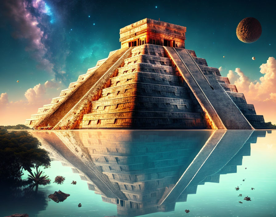 Surreal Mesoamerican pyramid reflected in water under starry sky