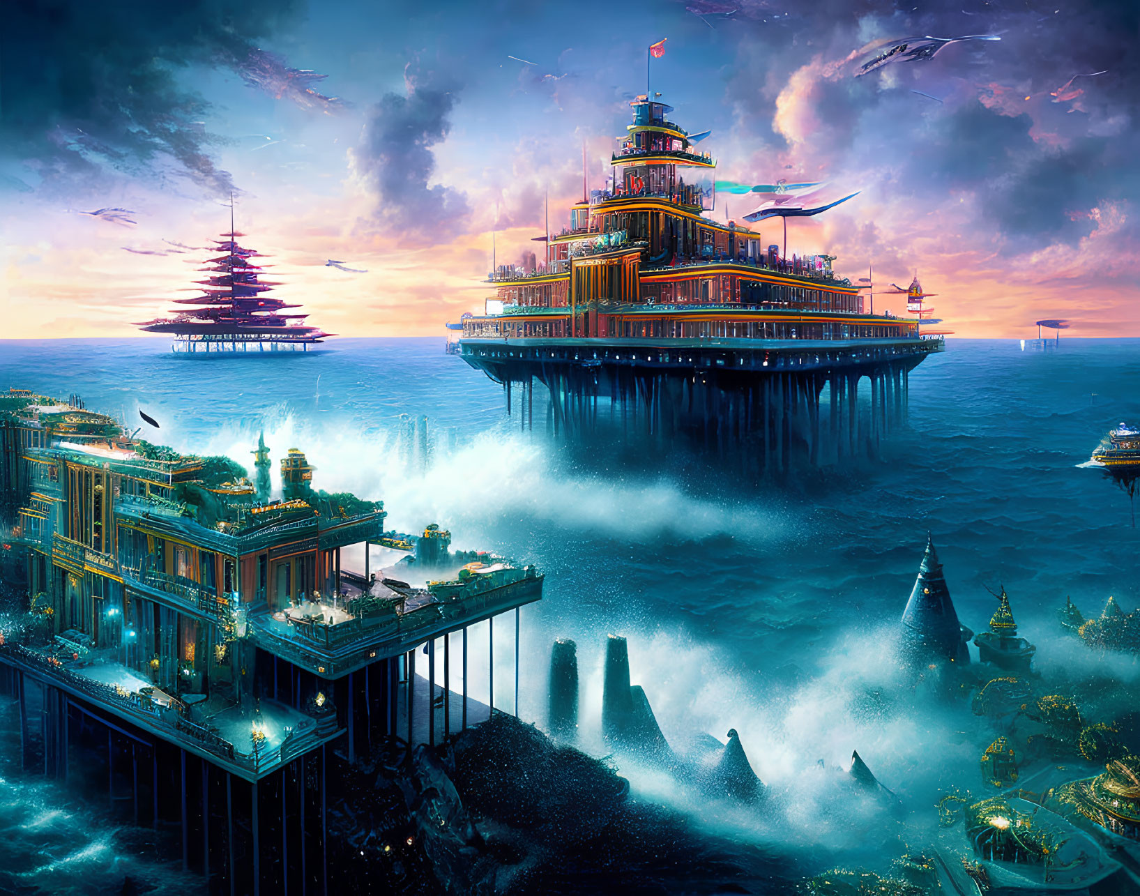 Floating Oriental city at dusk above serene ocean with flying ships.