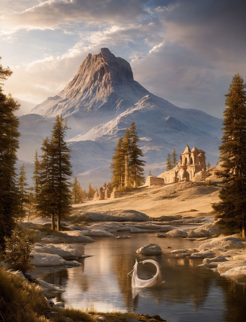 Majestic mountain peak, castle by river, evergreen trees, boat at sunrise or sunset