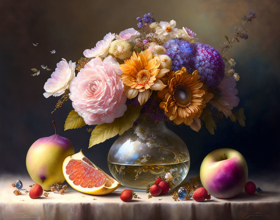 Floral still life painting with fruit arrangement