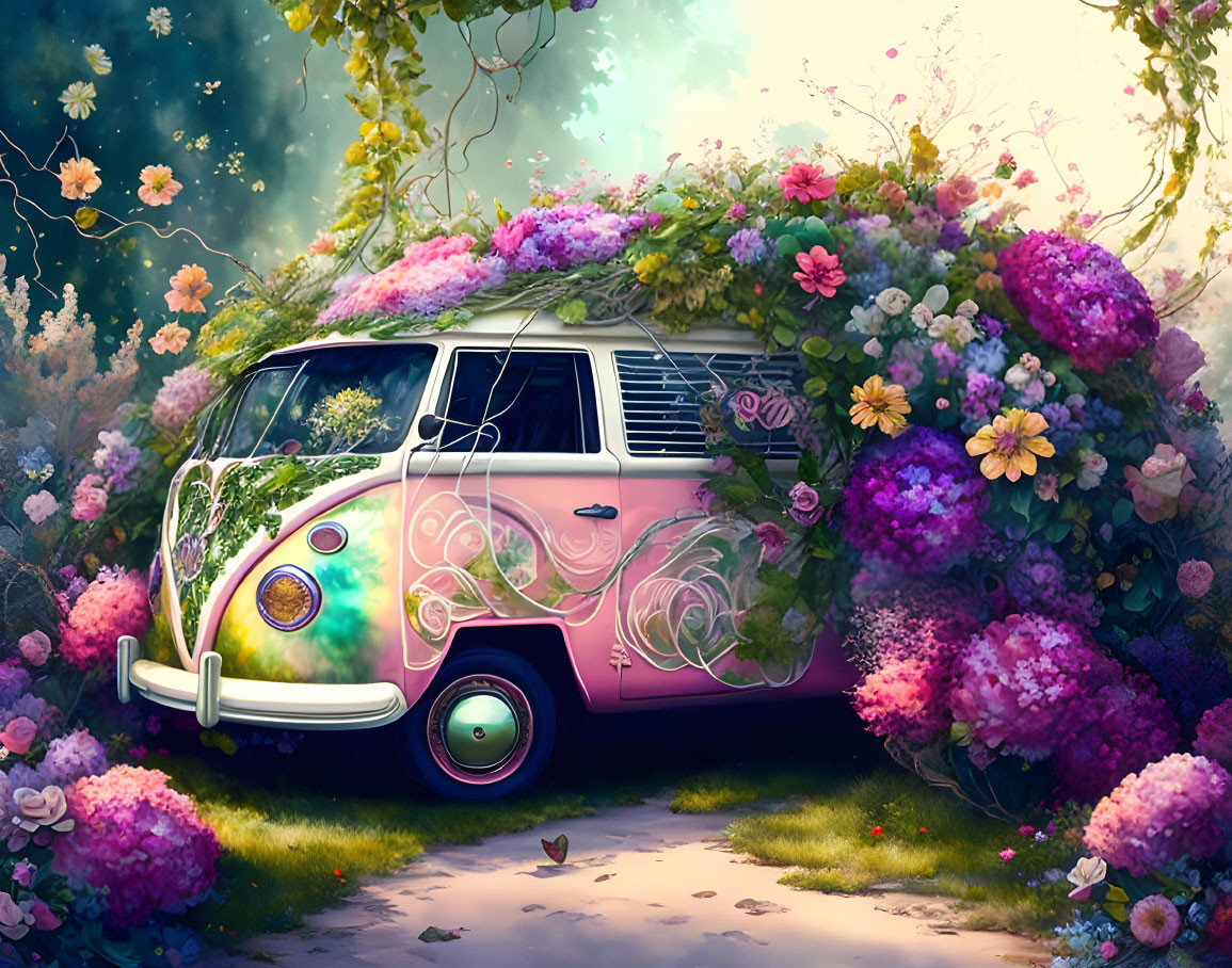 Colorful Vintage Van Covered in Flowers in Magical Garden