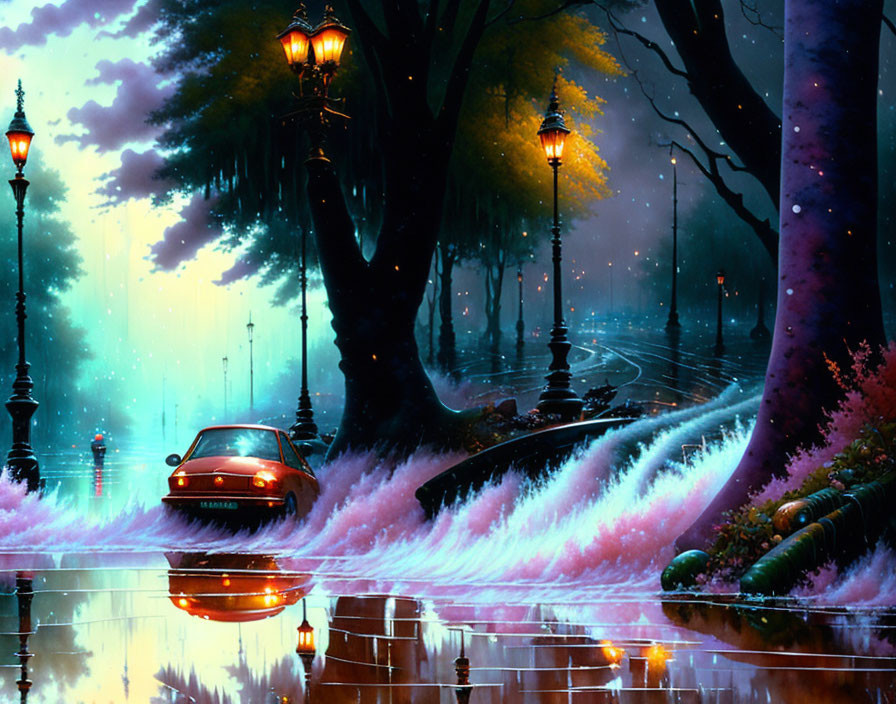 Nighttime cityscape with glowing streetlights, car, violet foliage, and wet path reflections