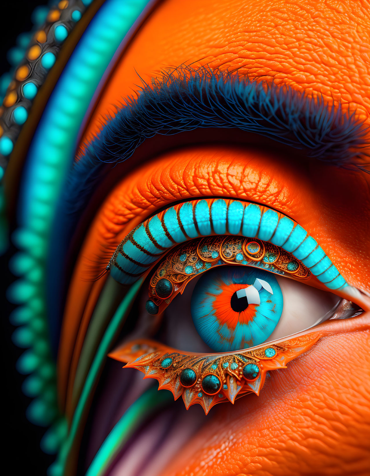 Close-up Eye Image with Ornate Decorations in Vibrant Colors