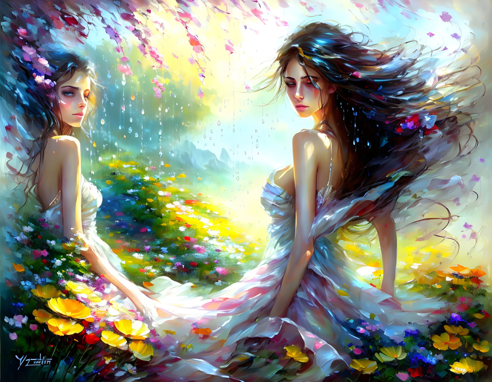 Two women in ethereal dresses in vibrant floral landscape