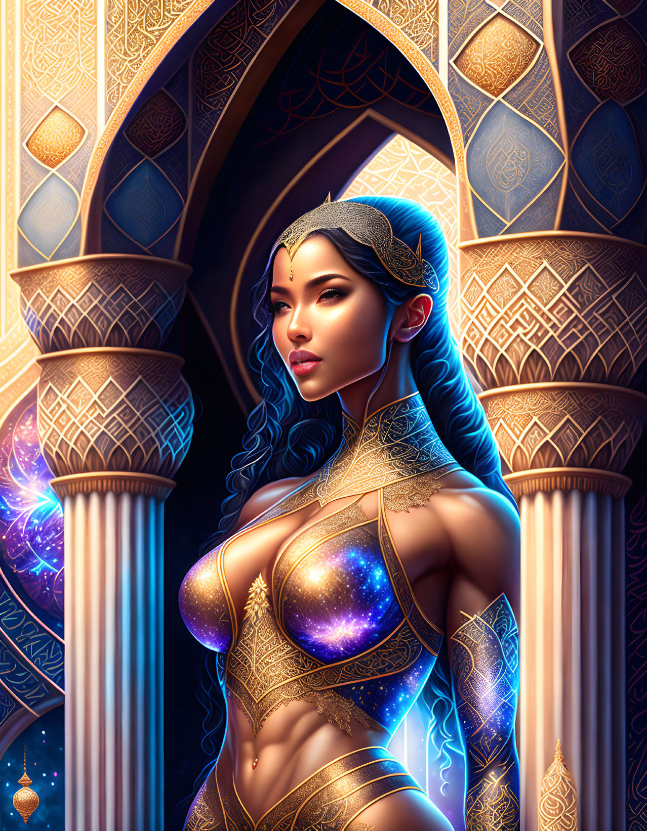 Golden-armored woman with cosmic patterns by intricate archway