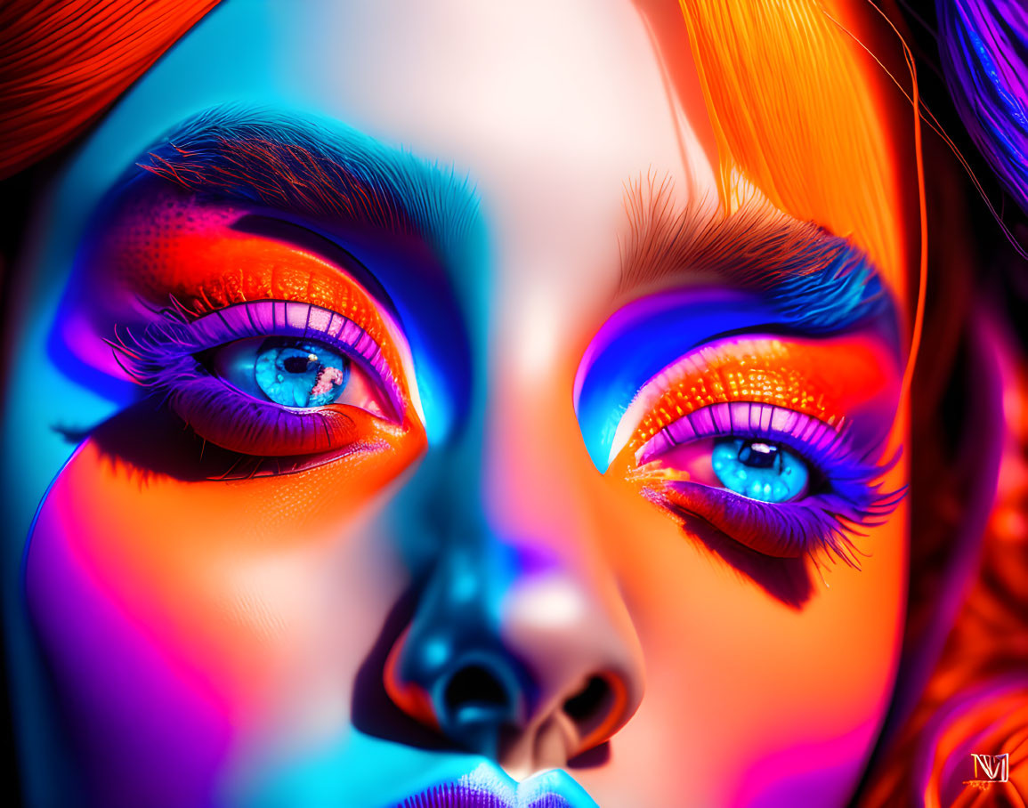 Detailed Makeup Around Captivating Blue Eyes in Vibrant Lighting