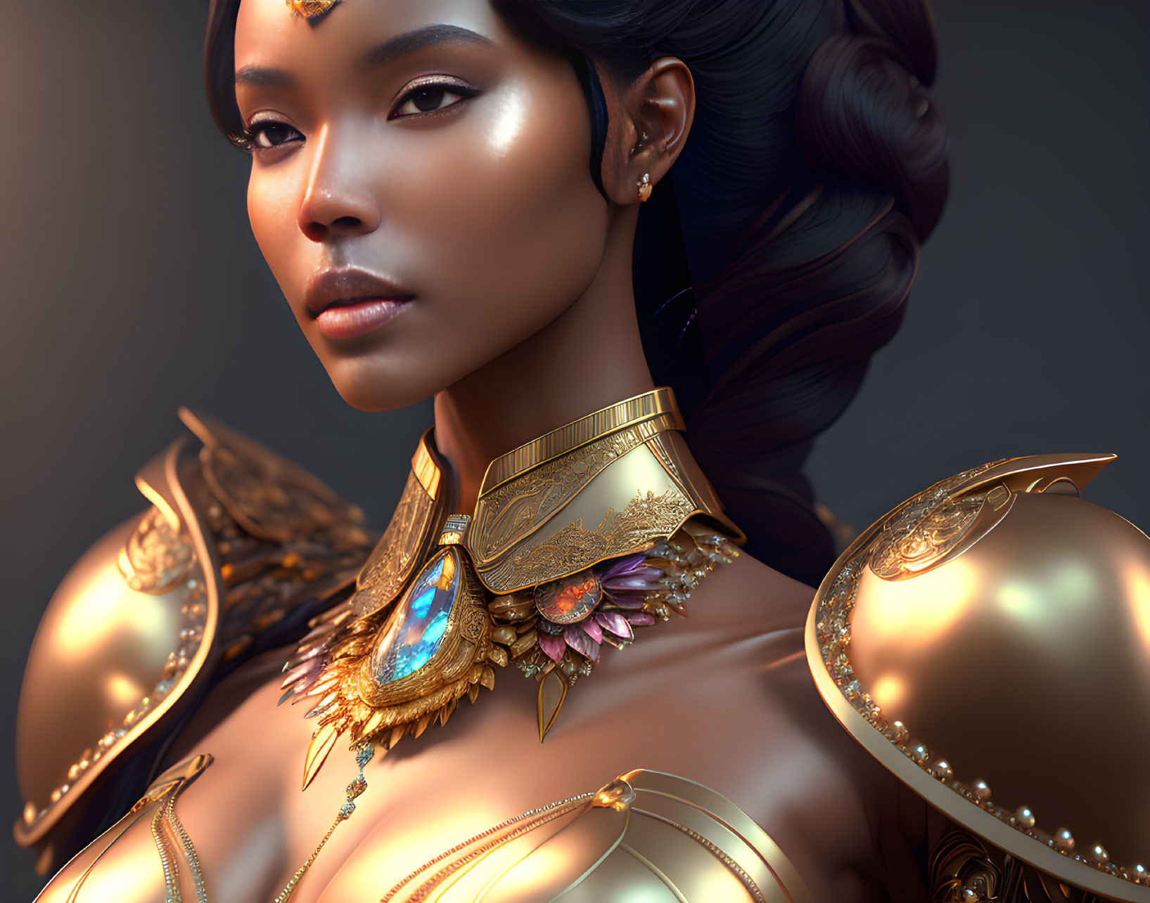 Detailed digital portrait: Woman in ornate golden armor with gemstones