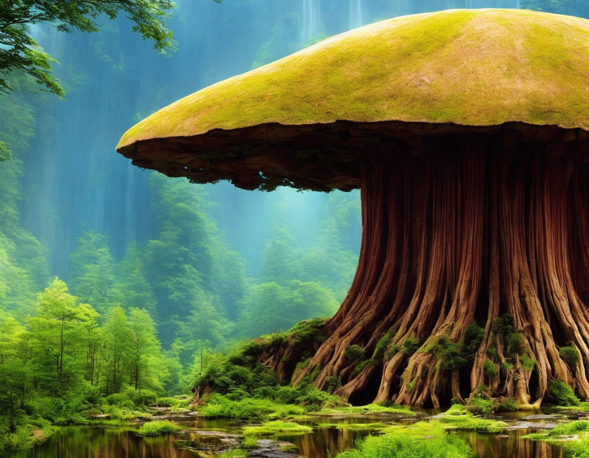 Enormous mushroom in misty forest reflected in water