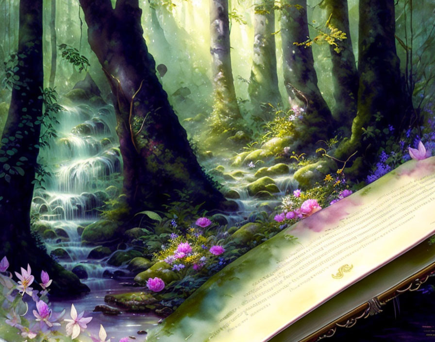 Sunlit waterfall in lush forest with open book