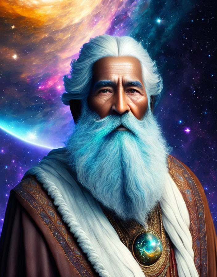 Elder man with blue beard in cosmic robes on vibrant starry backdrop