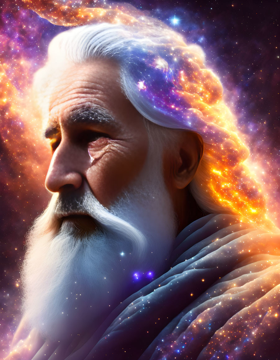 Ethereal portrait of wise elderly man with cosmic glow.