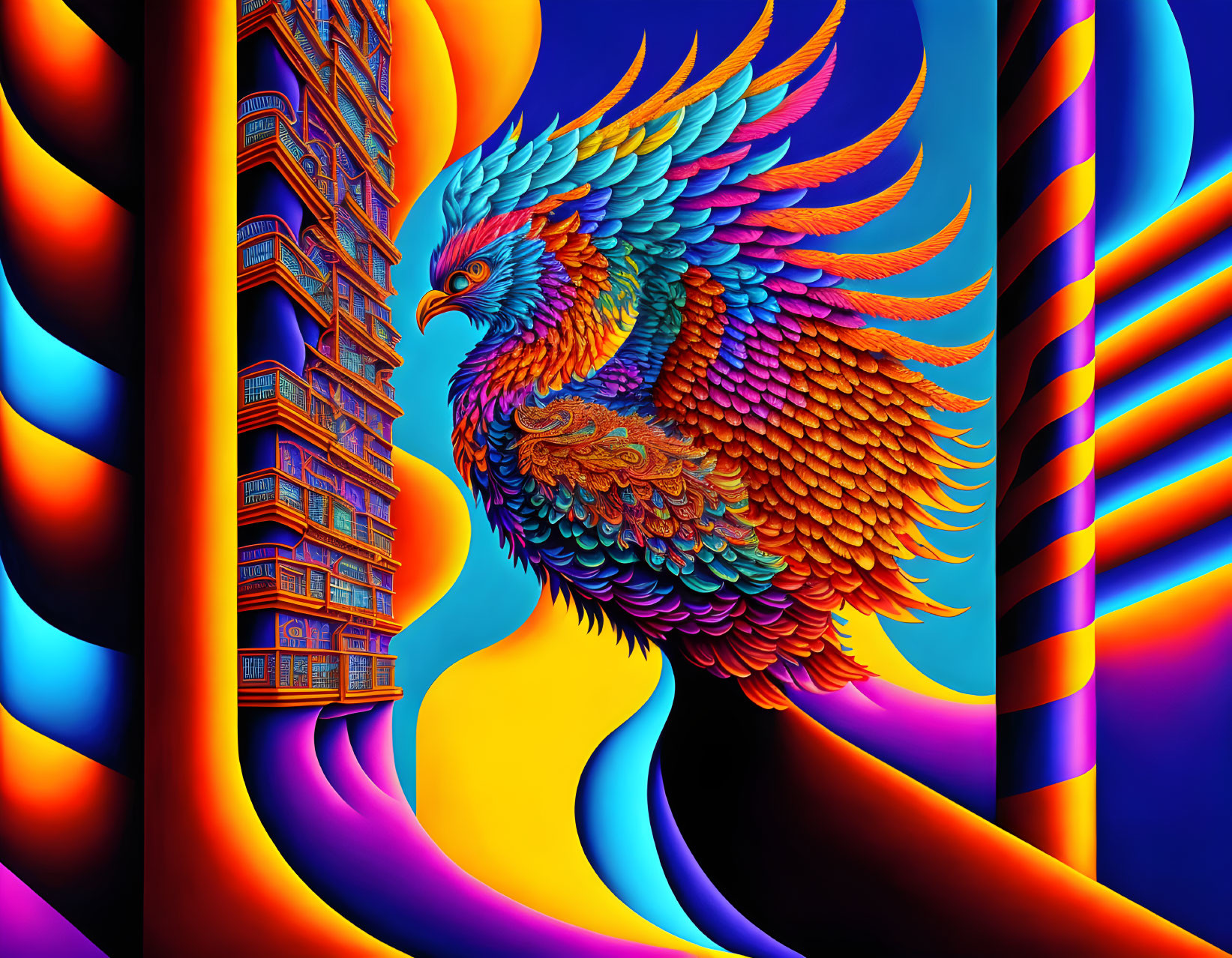 Colorful Phoenix Flying by Tower in Swirling Background