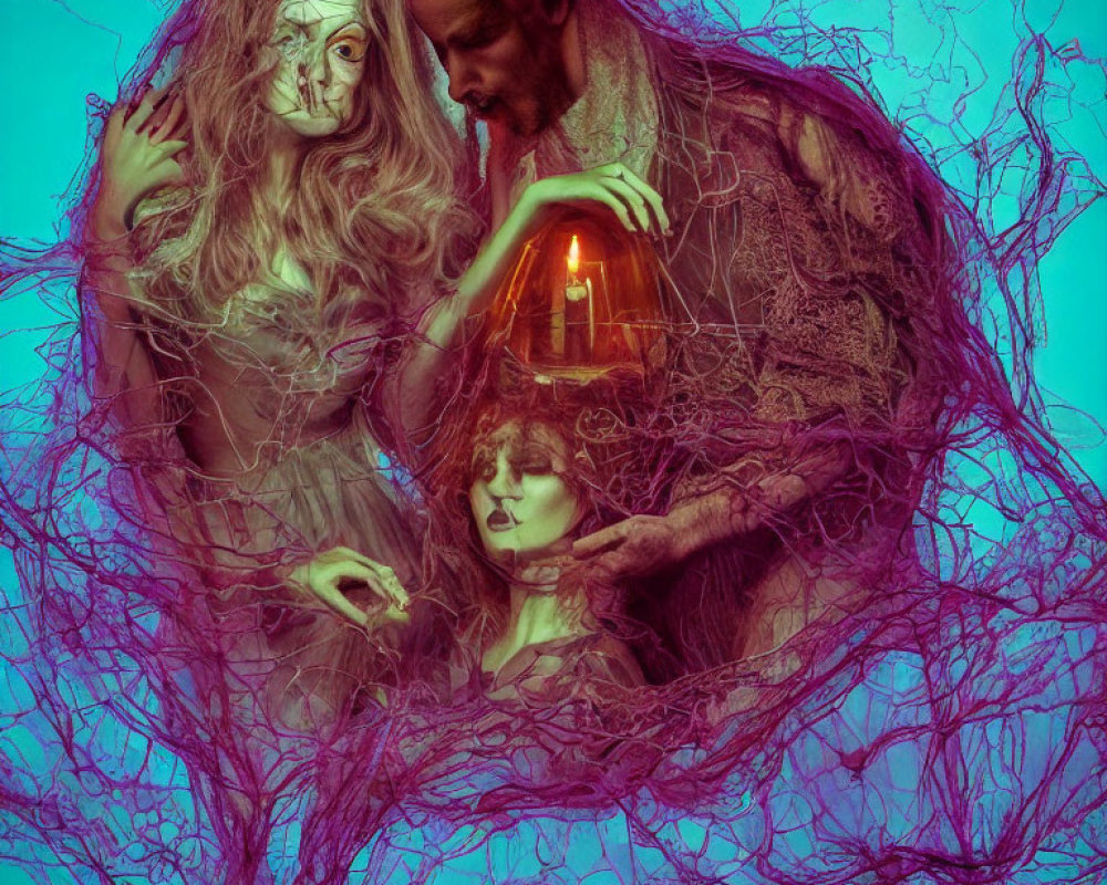 Three Figures Entangled in Violet Fibers with Lantern in Surreal Blue Lighting