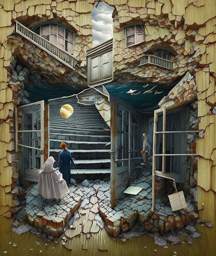 Surreal artwork: Impossible staircase with people, birds, and disjointed rooms