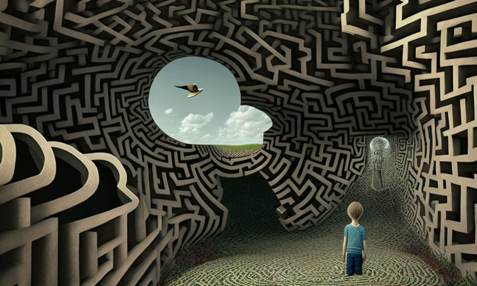 Boy observing bird through circular exit in labyrinth setting