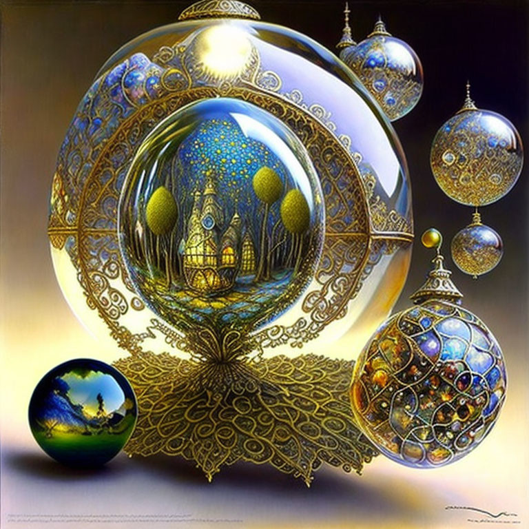 Intricate Fantasy Artwork: Ornate Floating Spheres & Mystical Landscapes