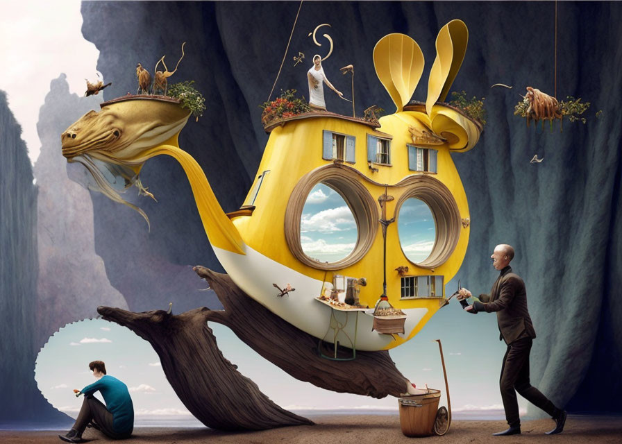 Surreal artwork: giant yellow fish-shaped blimp with bunny ears, people, man in suit