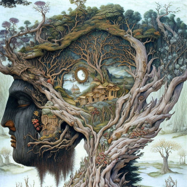 Detailed illustration: Tree shaped as human face with village inside