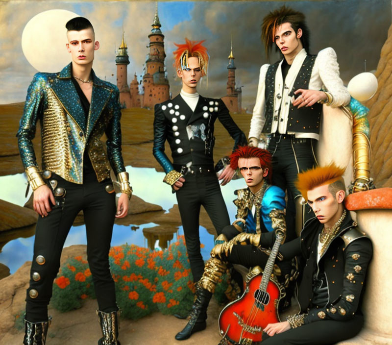 Four stylized men in glam-rock outfits pose with guitar against fantastical castle.