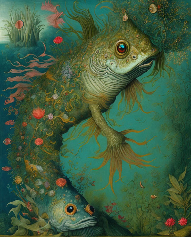 Surrealistic Fish with Human-Like Eyes Swimming in Teal-Green Sea