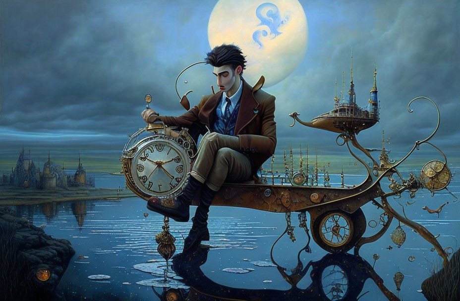 Man on ornate mechanical structure with clock in whimsical cityscape