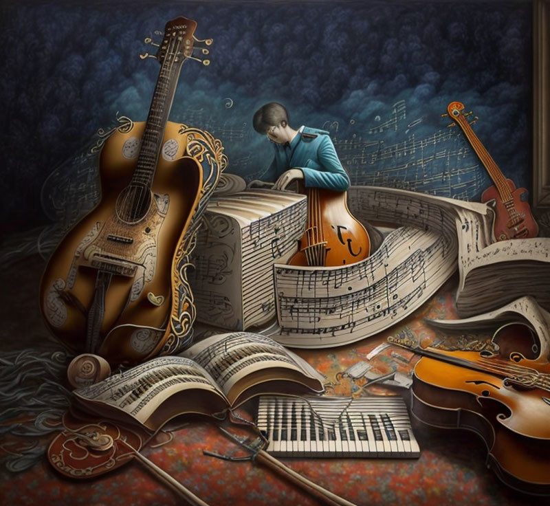 Surreal musical instruments and landscapes with small person composing on paper boat