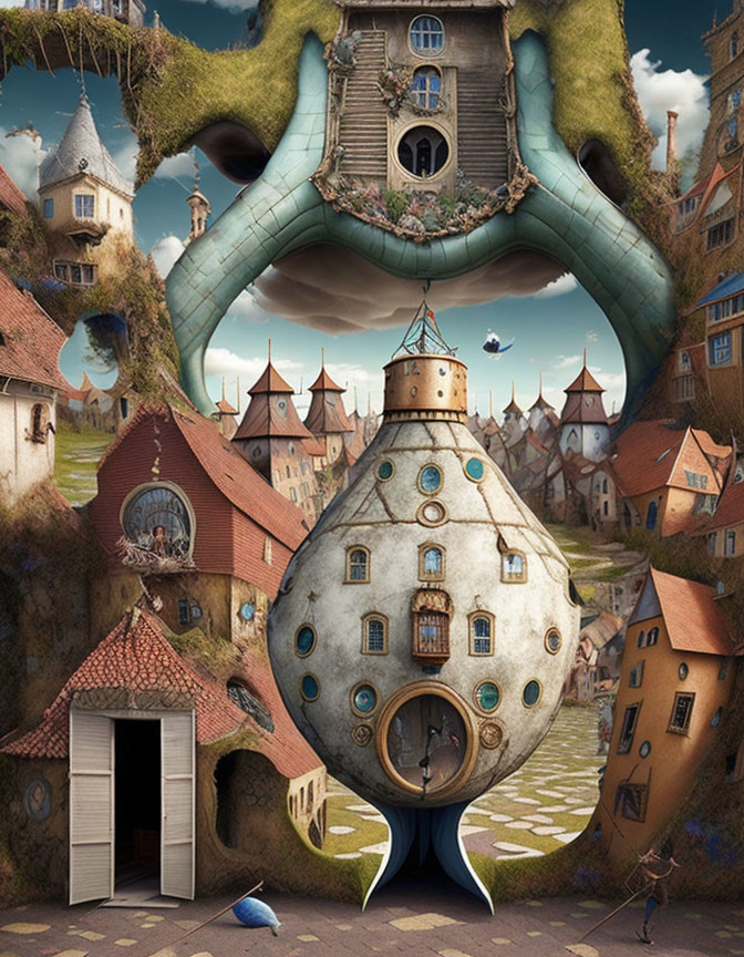 Whimsical surreal fantasy village with unique architecture