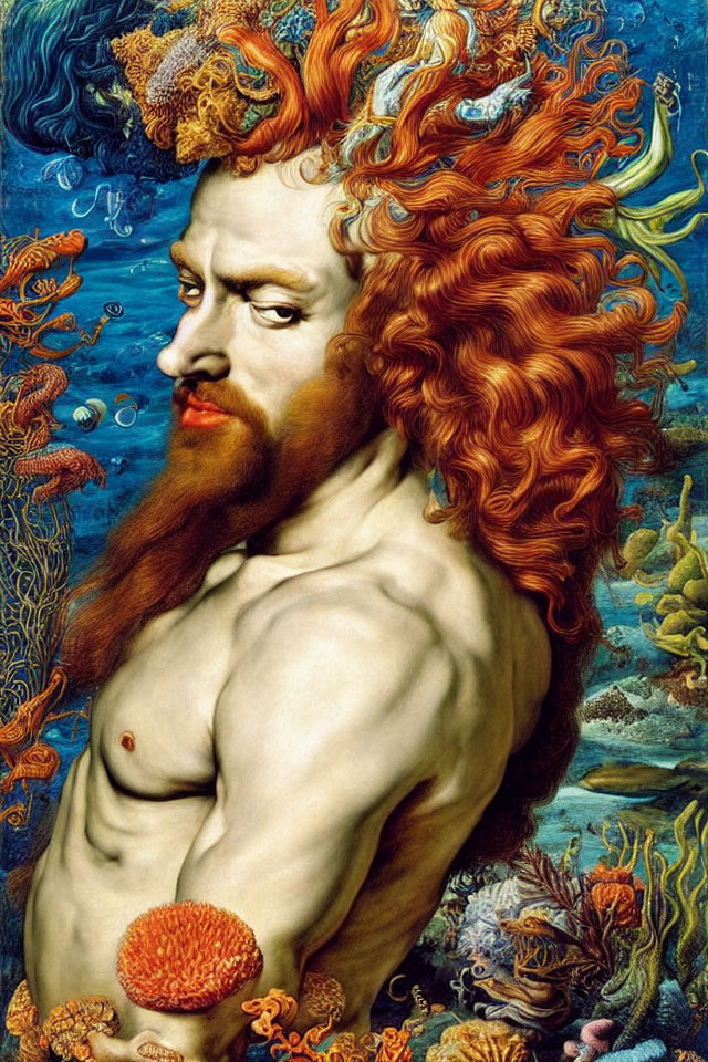 Colorful Painting: Bearded Man with Orange Hair and Underwater Coral