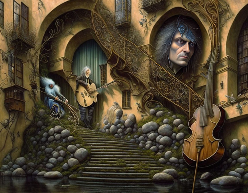 Surreal artwork: musician with guitar, face with violin, blue creature with banjo