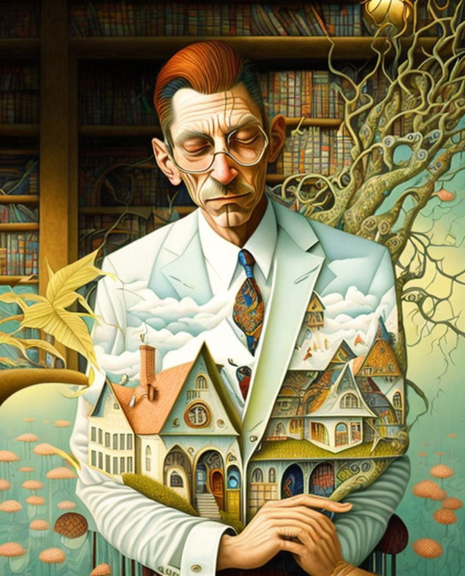 Man with House and Clouds Torso, Tree Branch Veins, Library Background