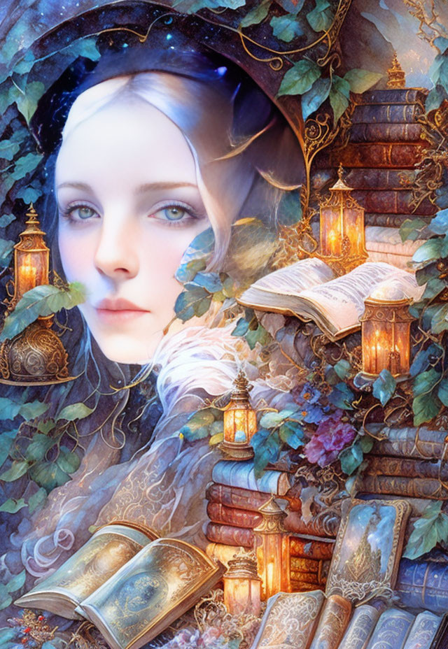 Ethereal woman in enchanted forest with glowing lanterns and ancient books