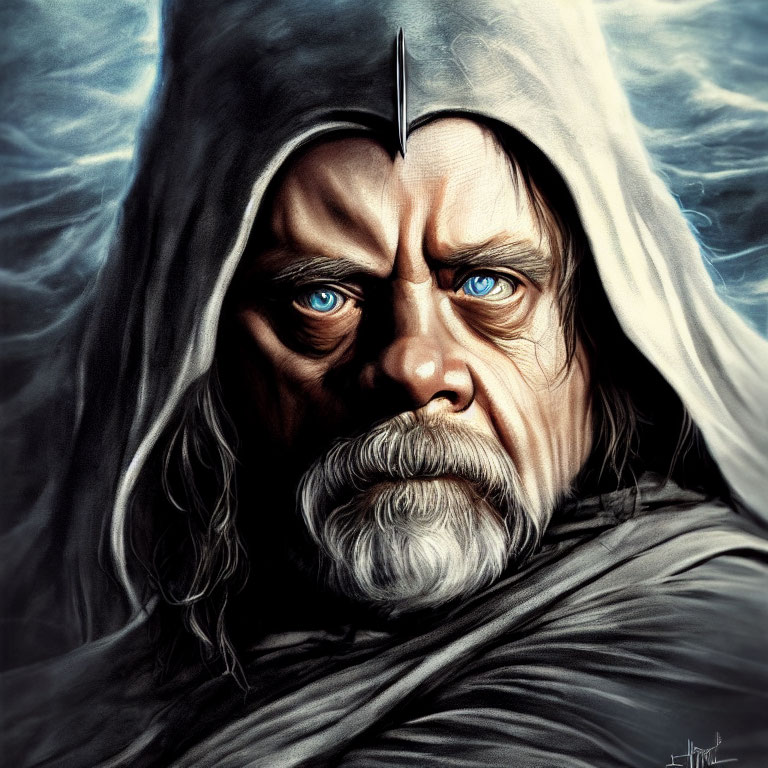 Detailed illustration of bearded man with intense blue eyes in hood and cloak