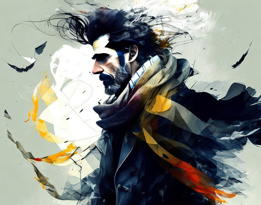 Abstract portrait of a man with dark beard and windswept hair in vivid colors