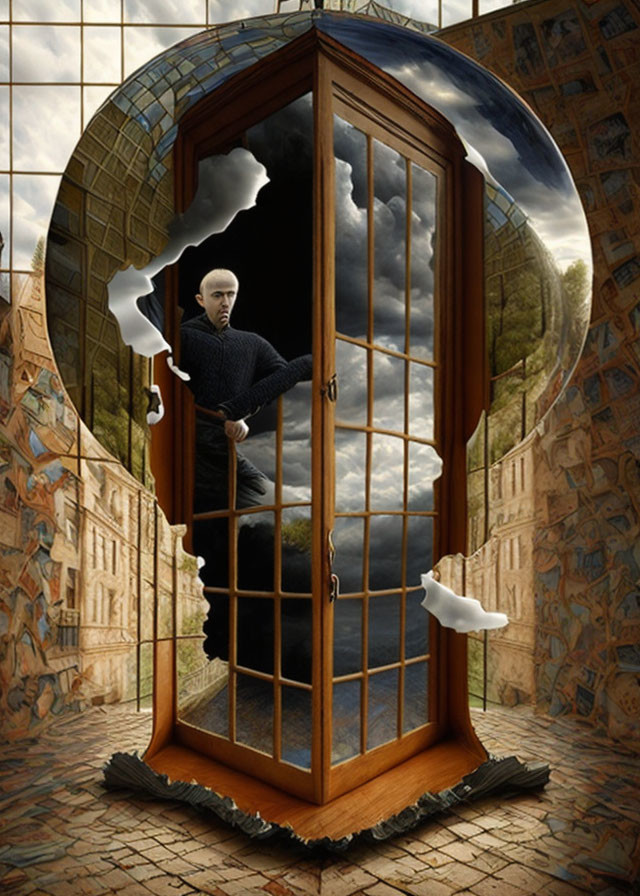 Man emerging from melting door into surreal Dali-inspired scene