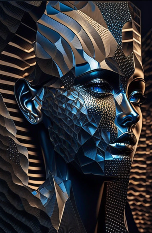 Geometric-patterned humanoid face with blue eyes on abstract background.