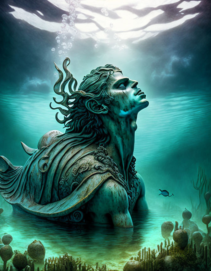 Mythological figure with human/fish body in underwater scene