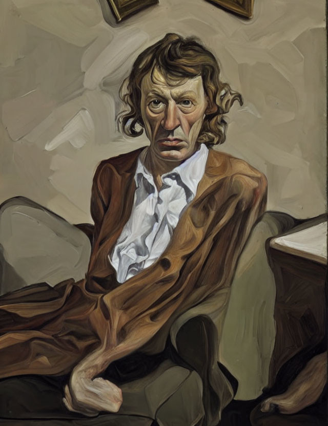 Distorted portrait of a person in brown blazer and white shirt