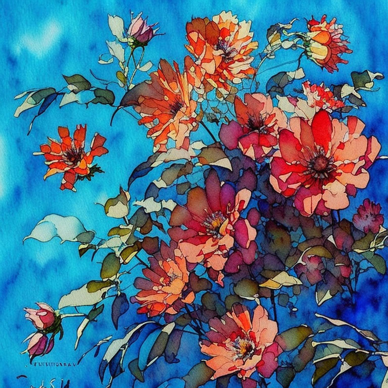 Colorful Watercolor Painting of Orange and Pink Flowers on Blue Background