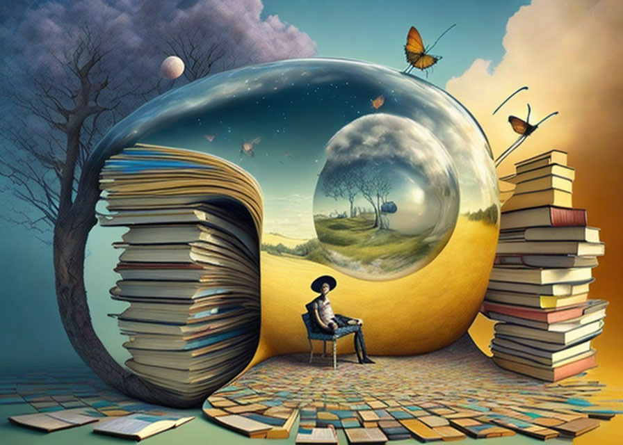 Surreal illustration of person with books in bubble landscape